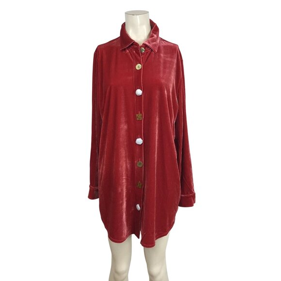 SOFT SURROUNDINGS - WOMENS LARGE - RED VELOUR LONG SLEEVE BUTTON UP COLLARED TOP - Picture 1 of 13